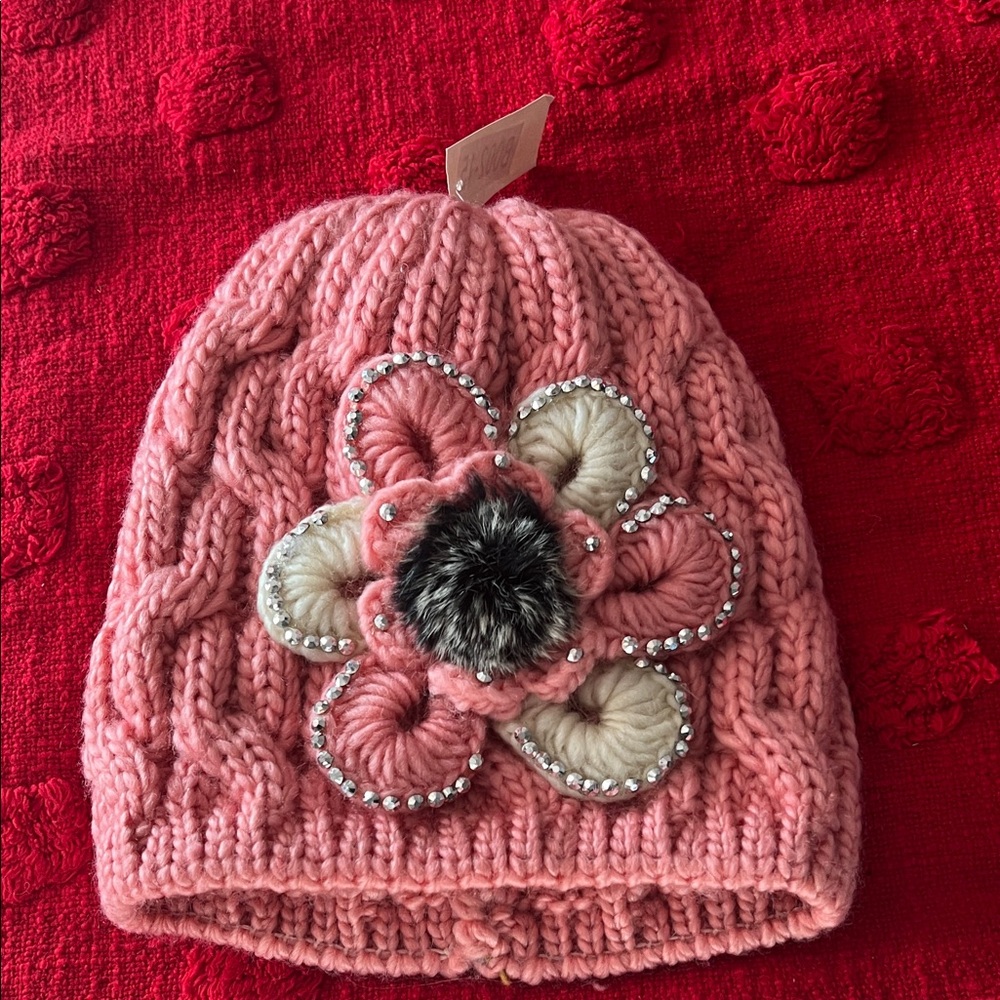 Pink Knitted Flower Beanie for Kids